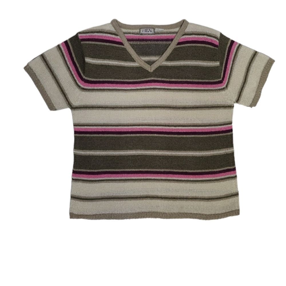 VINTAGE 90s knit v-neck striped short sleeve retro sweater M